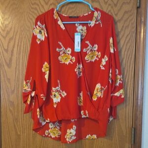 West Kei Red Wrap Blouse with 3/4 Sleeves